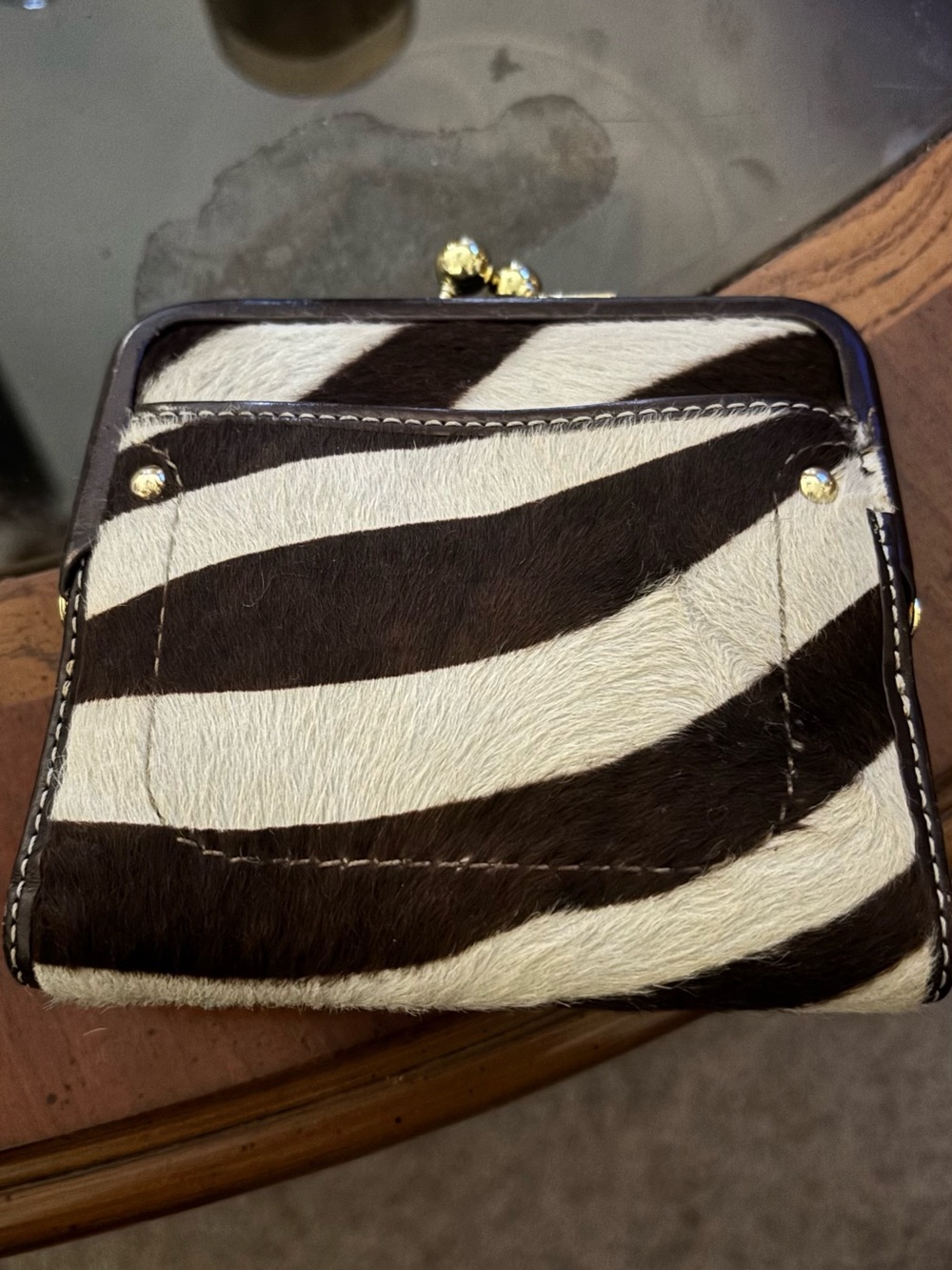 Coach Zebra-Print Haircalf Compact Wallet - Brown & White with Gold Hardware - Picture 2 of 6